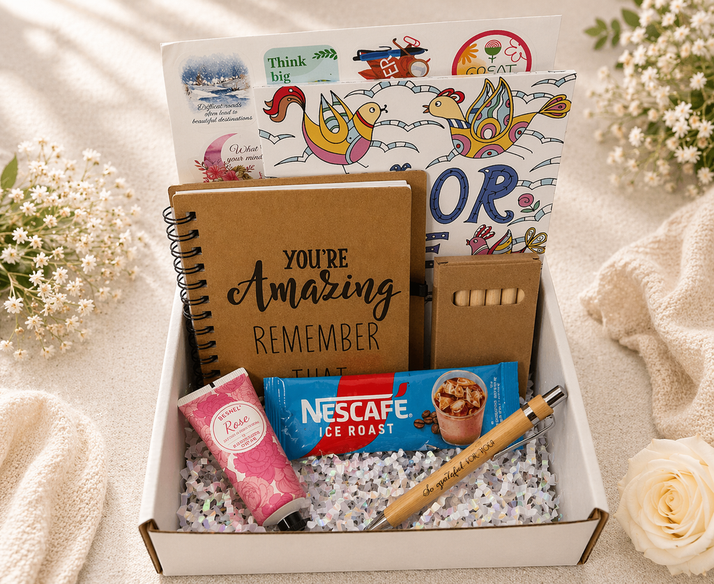 Gift box with stationery items, snacks, and a pen on a soft background