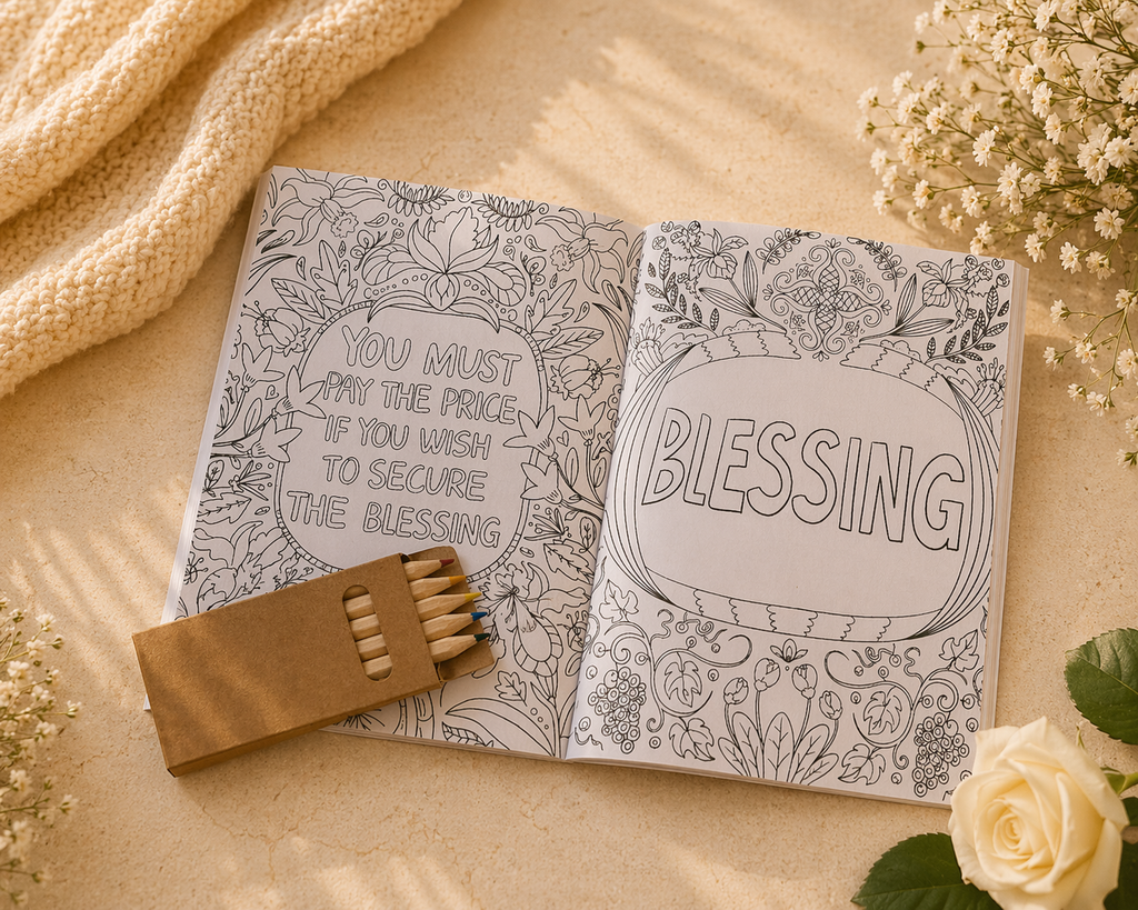 Open coloring book with inspirational quotes on a soft surface with flowers and a matchbook.