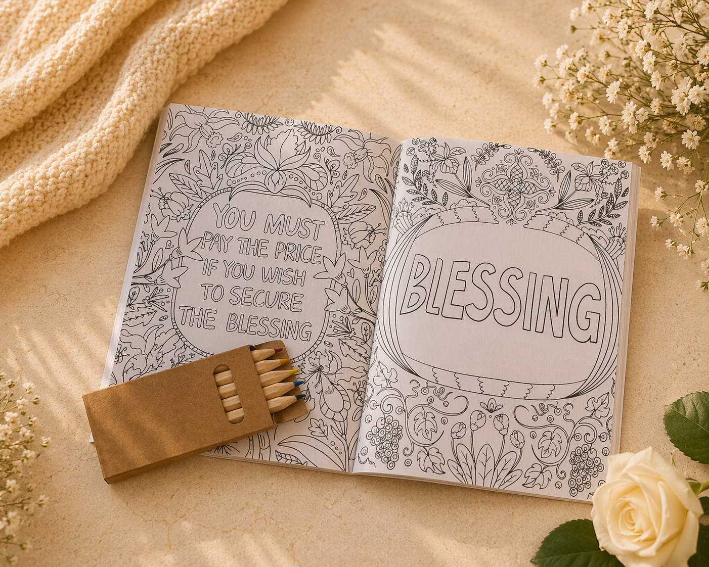 Open coloring book with inspirational quotes on a soft surface with flowers and a matchbook.