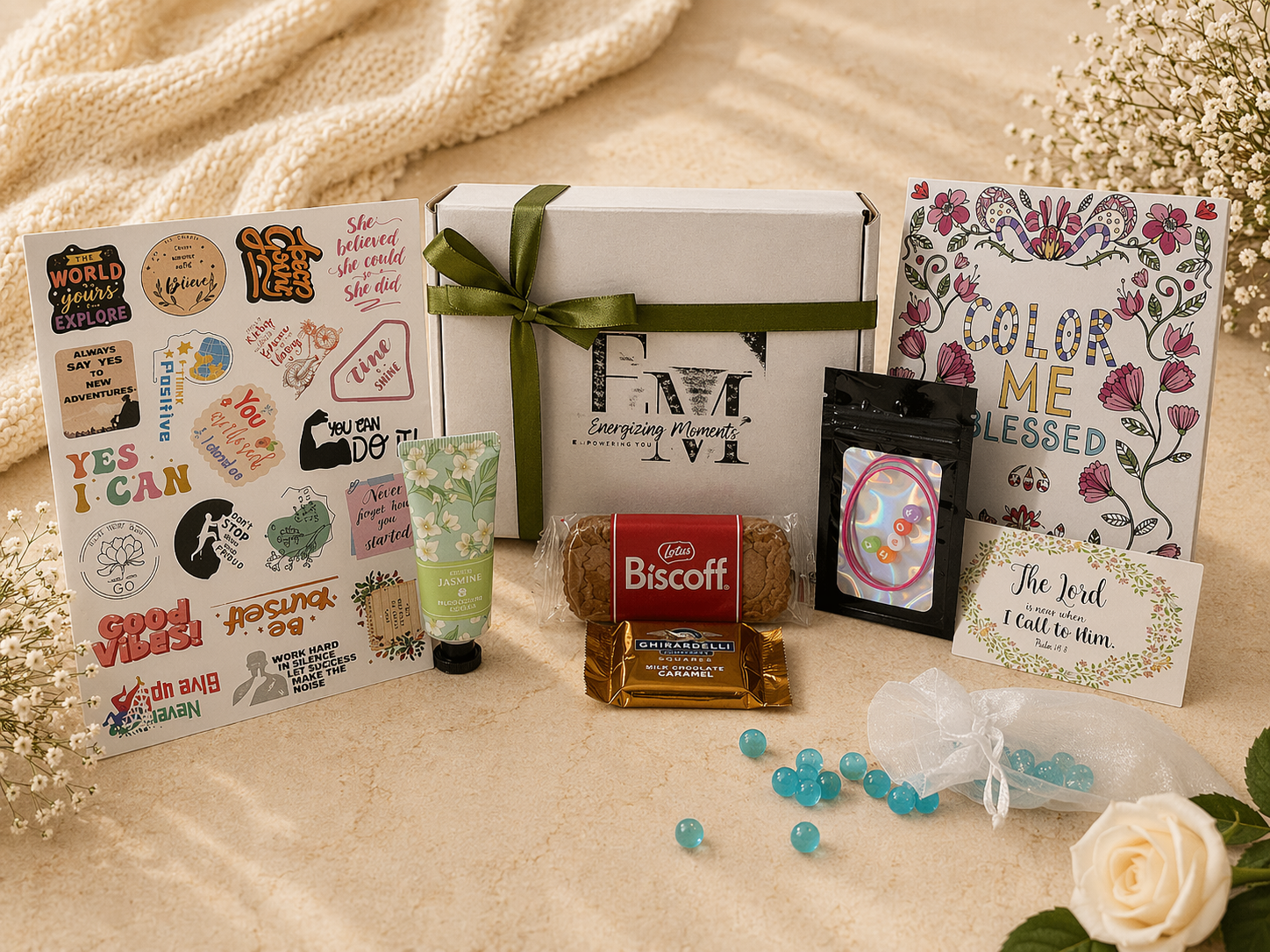 Collection of items including a box, cards, and small products on a textured surface.