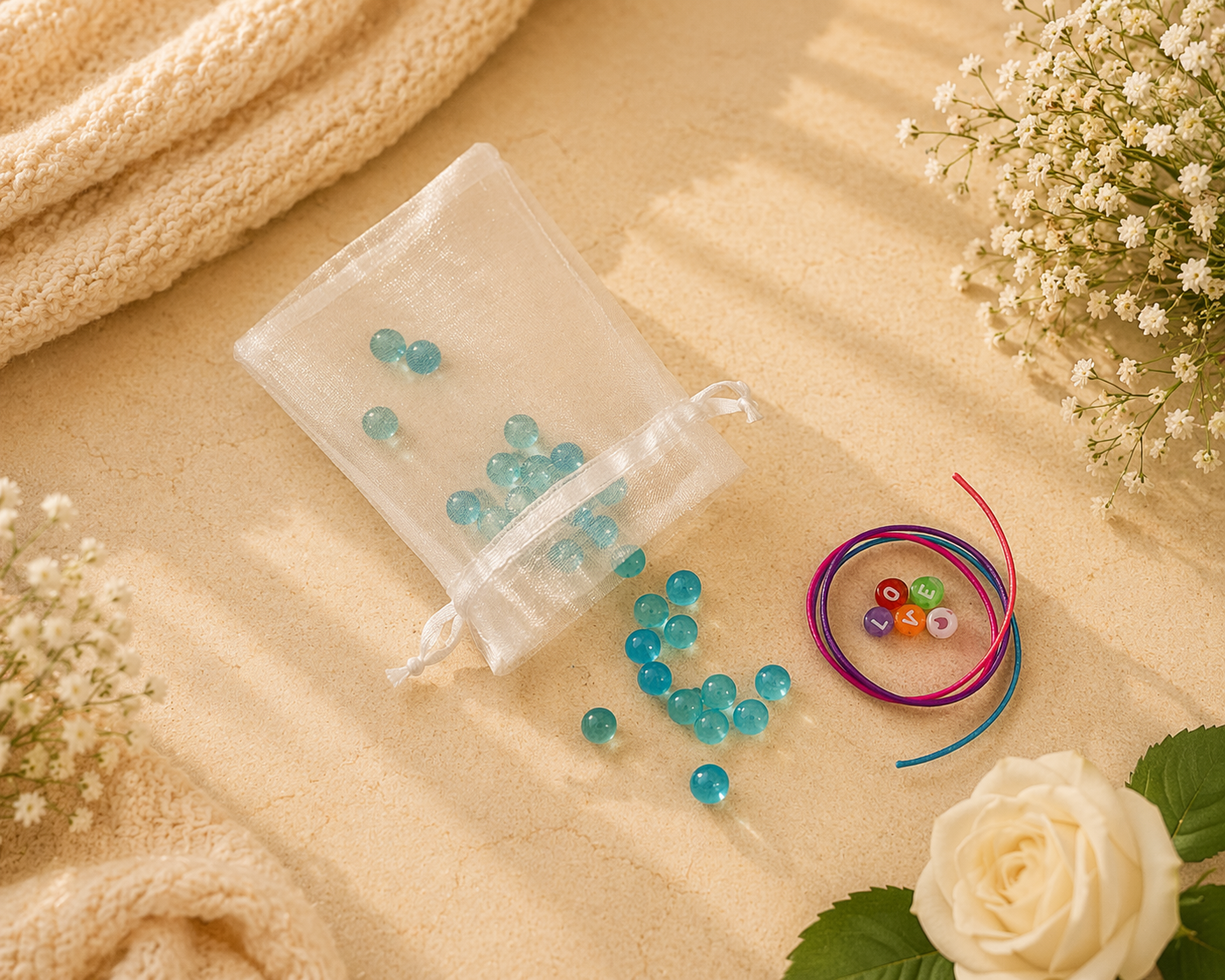 Turquoise beads in a clear bag on a beige fabric background with flowers.