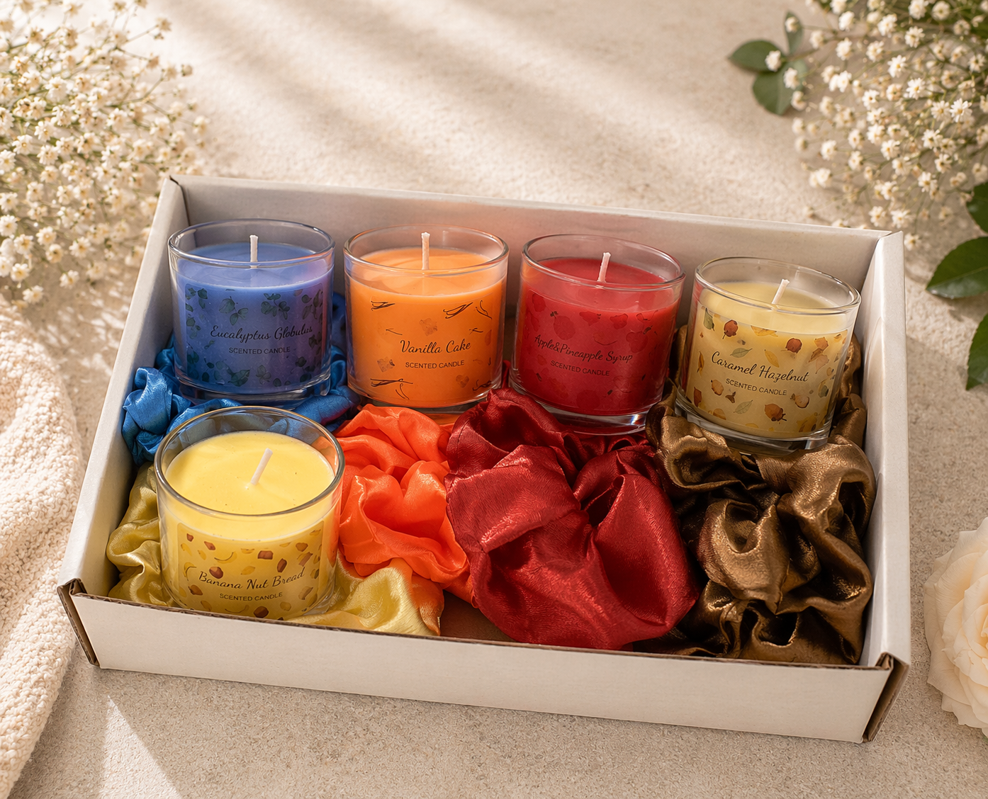 Set of colorful candles in a box with decorative ribbons on a light background