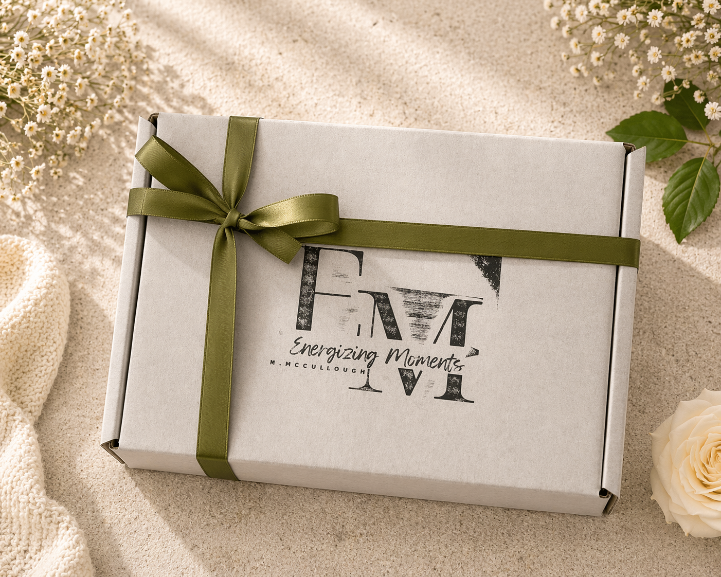 Mystery gift box with a green ribbon on a textured surface with flowers