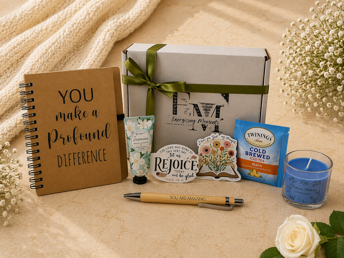 Gift set with notebook, cards, pen, and other items on a soft surface.