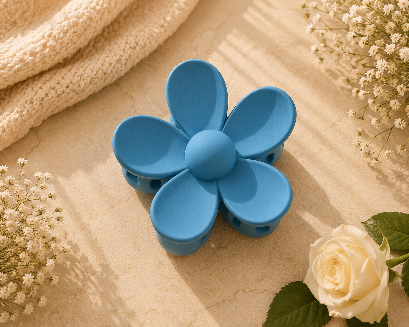 Blue flower-shaped hair clip on a beige surface with flowers around
