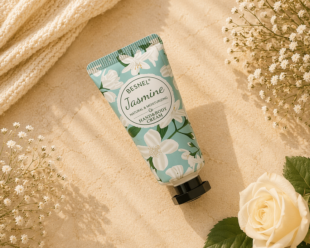 Hand cream tube labeled 'Jasmine' by Besnel on a beige surface with flowers.