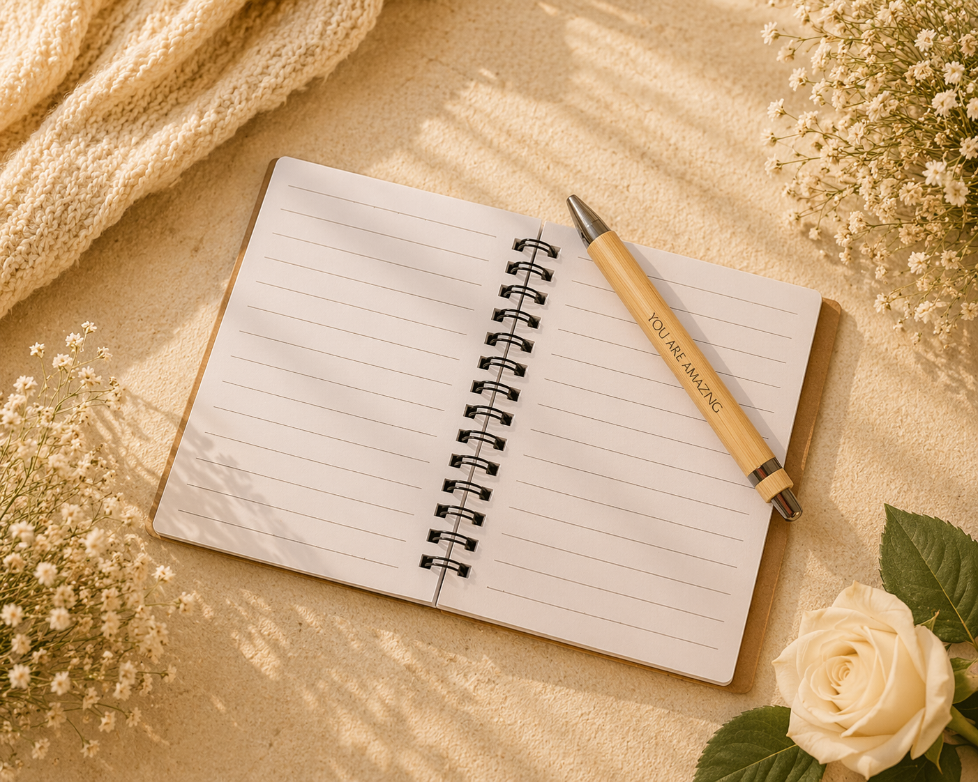 Open notebook with a pen on a beige surface with flowers