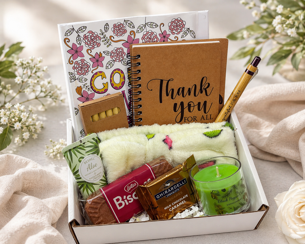 Gift box with a variety of items including a notebook, candles, and snacks on a light background.