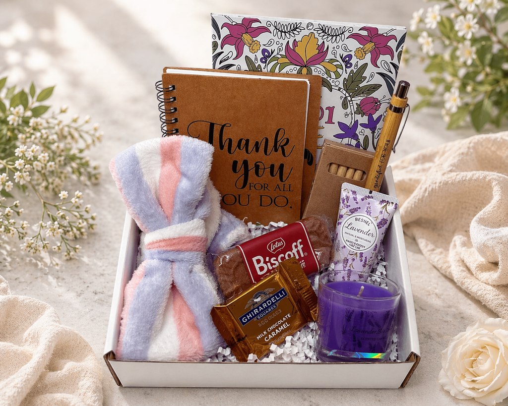 Gift box with a towel, notebook, and other items on a light background