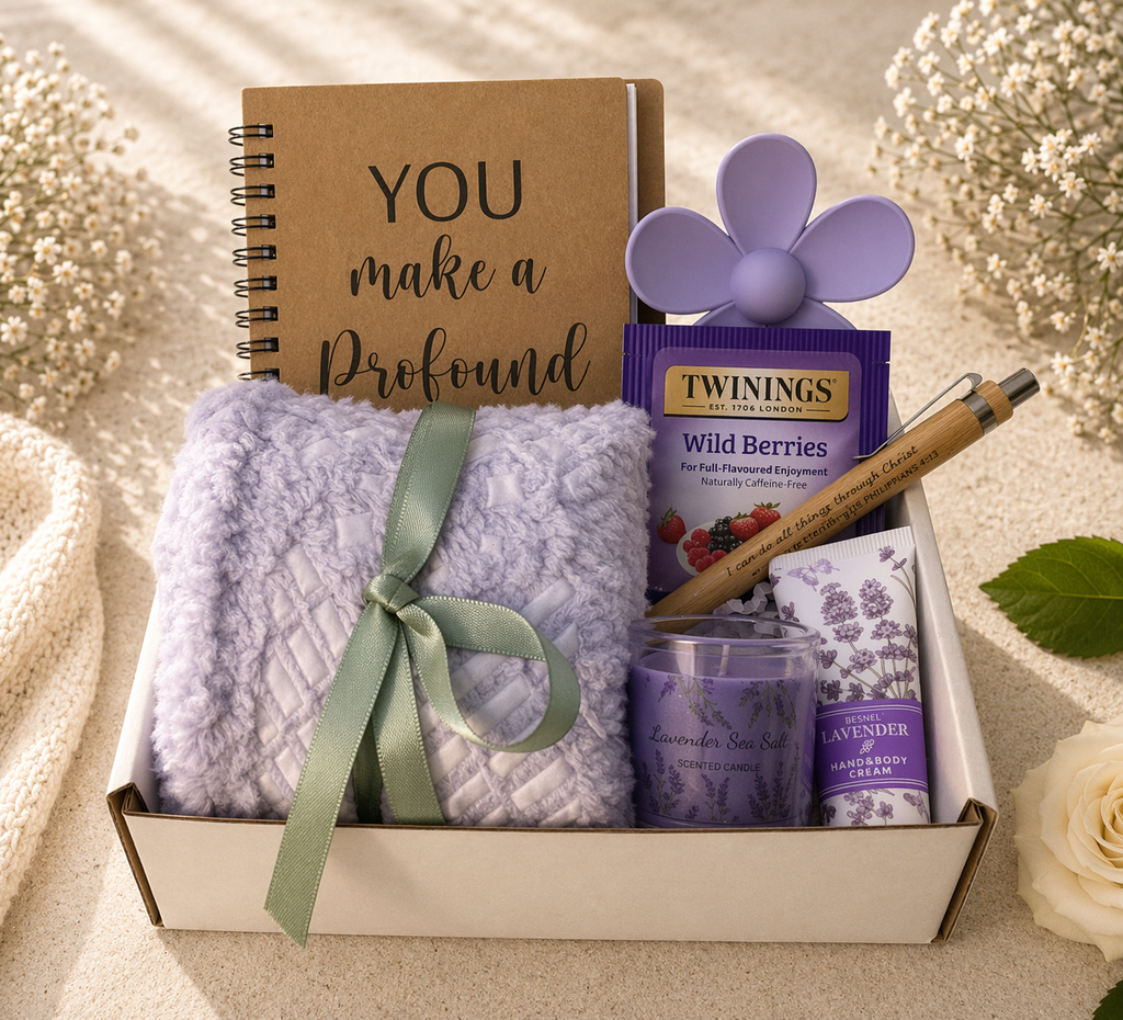 Gift box with lavender-themed items including a notebook, tea, and body lotion.