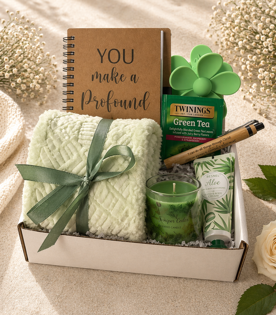 Gift box with a blanket, notebook, tea, and candle on a light background