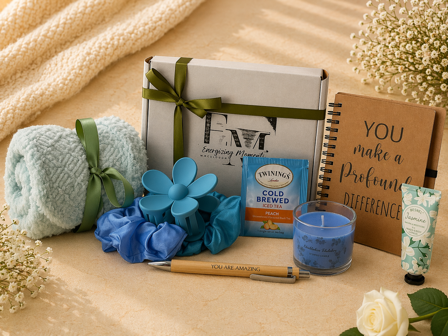 Gift set with bath products, tea, and a card on a wooden surface.