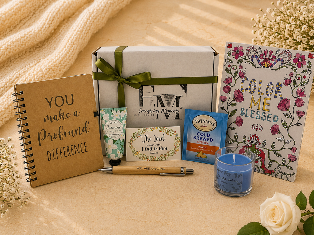 Gift set with a notebook, candle, and other items on a textured surface.
