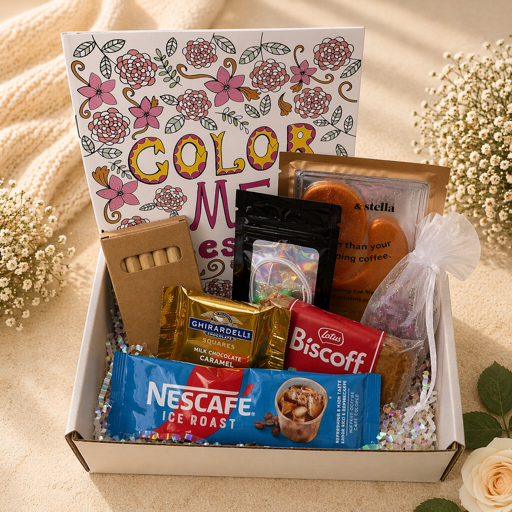 Gift box with snacks, a coloring book, and a candle on a beige surface.