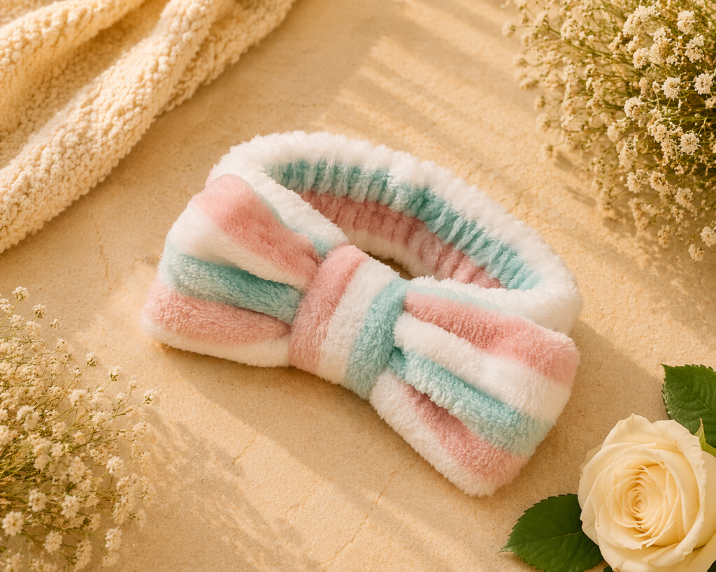 Fluffy headband with pink and green stripes on a beige surface with flowers.