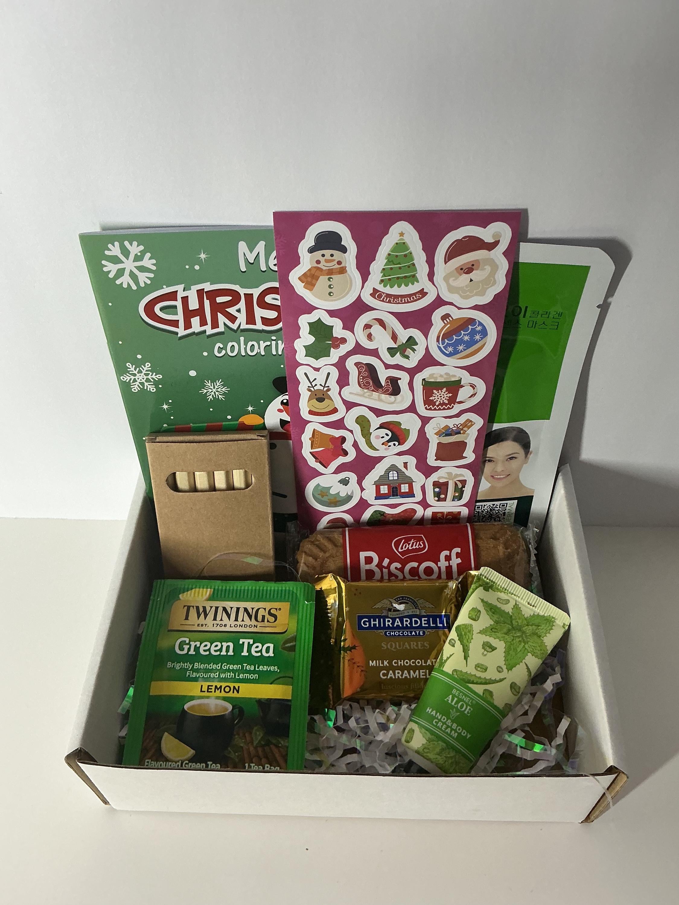 Christmas Cozy Tea & Creativity Gift Box – Holiday Self Care Kit with Tea & Coloring